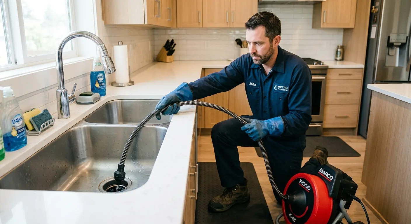 Drain cleaning technician using a motorized snake on a kitchen sink in Pocahontas