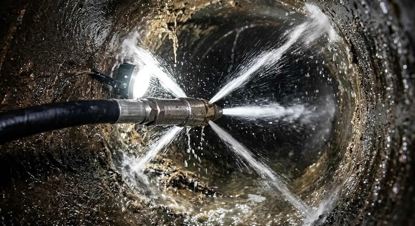 High-pressure hydro jetting nozzle cleaning sewer pipe for Emergency Drain Service in Pocahontas