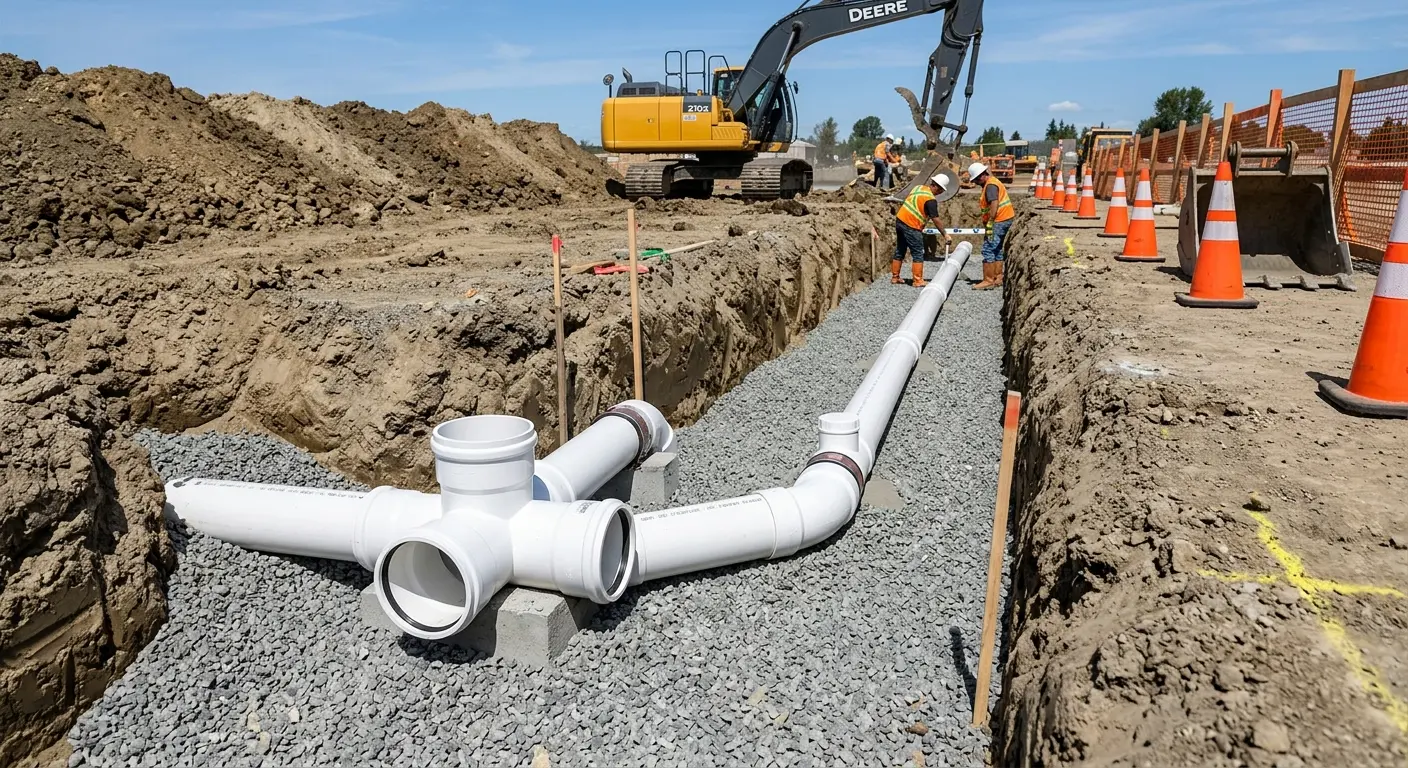New PVC sewer pipe installation in open trench for Sewer Backup in Pocahontas