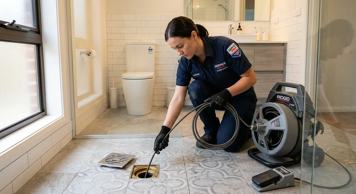 Technician clearing a bathroom floor drain for Sewer Line Installation in Pocahontas
